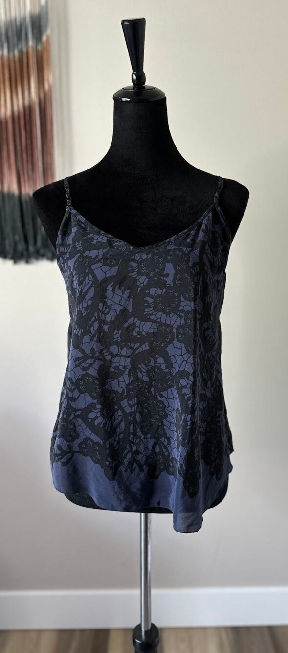 ARITZIA Silk Lace Print Navy Blue Spaghetti Strap Cami Size L
